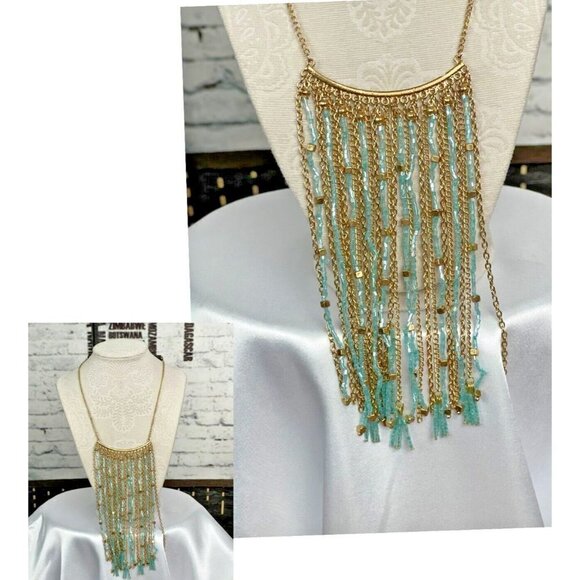 Carol Dauplaise Gold-Tone Turquoise Beaded Chain Fringe Statement Necklace - Picture 1 of 4